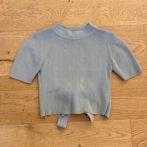 Zara - Rib Knit Short Sleeve Open Back Tie Top in Grayish Mint